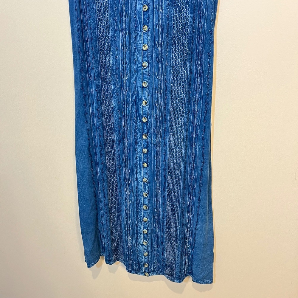 Raya Sun Dress Chambray Blue Embroidered Button Front Midi Sleeveless Large - Picture 4 of 6